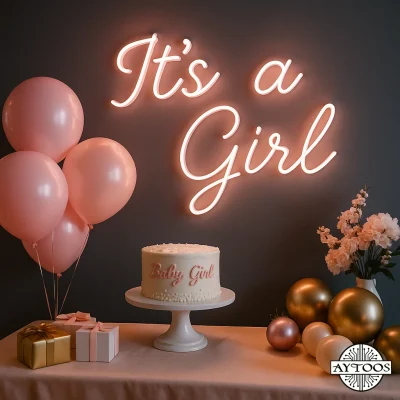 تابلو نئونی It’s a Girl مناسب جشن تولد نوزاد دختر با نور نئونی صورتی