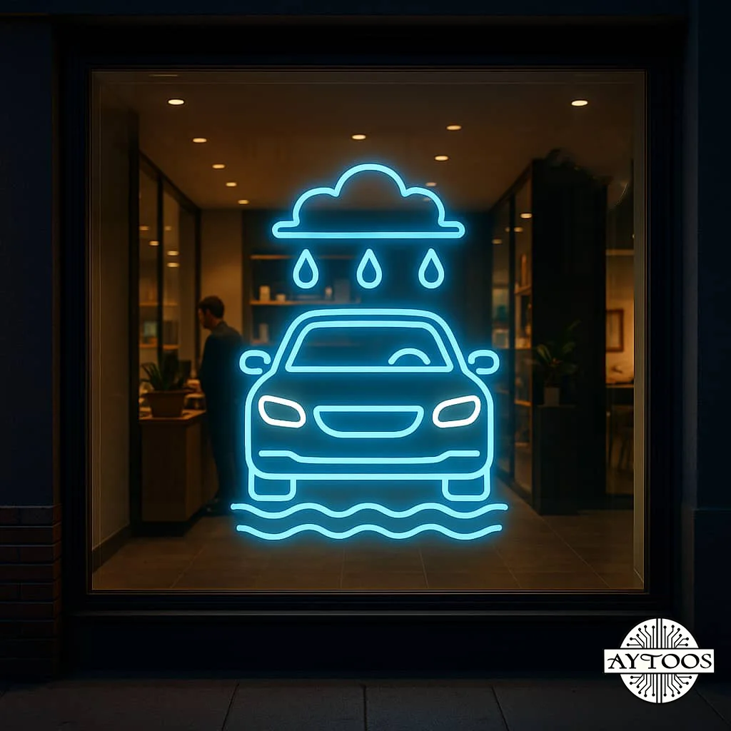carwash neon 3 تابلو نئونی کارواش طرح ابر باران با تصویر خودرو از نمای روبهرو.