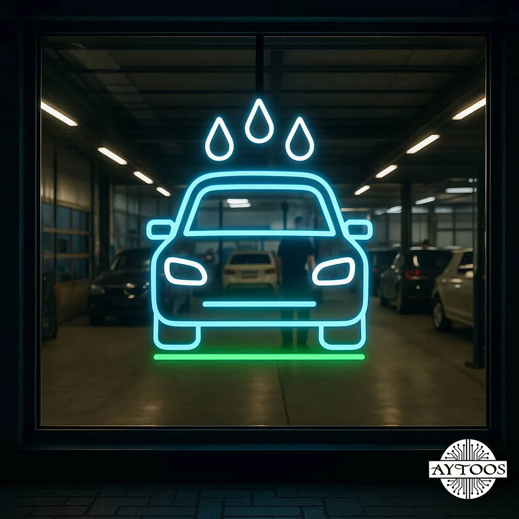 carwash neon 4 تابلو نئونی کارواش طرح خودرو و قطرات آب با خطوط آبی نئونی.