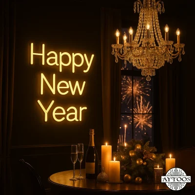 تابلو نئون کریسمس Happy New Year با نور زرد نئونی برای دکور جشن سال نو میلادی