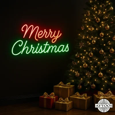 تابلو نئونی کریسمس Merry Christmas با نور سبز و قرمز نئونی برای دکور جشن کریسمس