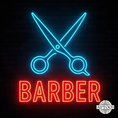 تابلو نئون قیچی آرایشگری با طراحی مینیمال و نور نئون