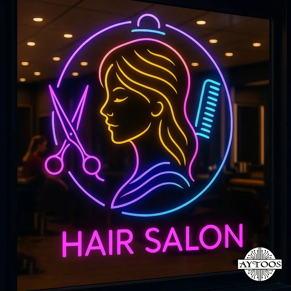 hair saloon 5 تابلو نئونی آرایشگاه Hair Salon با قاب دایرهای و چهره زنانه