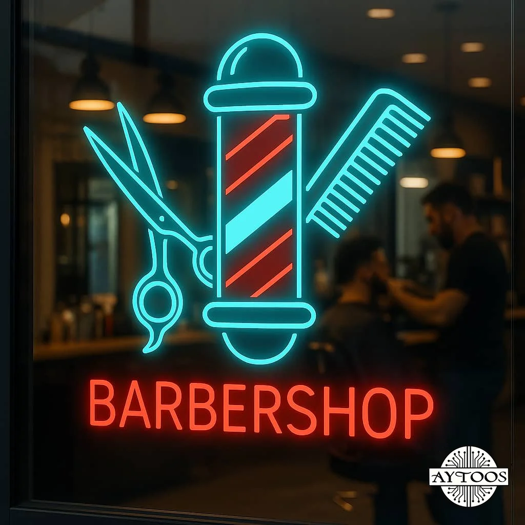 hair saloon 7 تابلو نئونی آرایشگاه طرح ستون کلاسیک Barbershop Pole با نور نئون