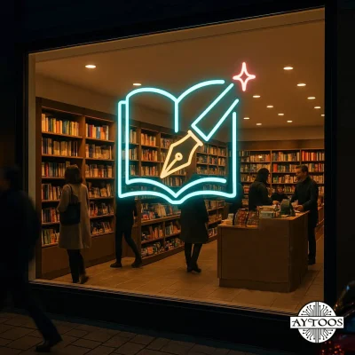 تابلو نئون لوازم تحریر با طراحی قلم و کتاب – مناسب فروشگاه نوشت‌افزار و کتاب‌فروشی
