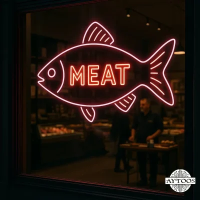 تابلو نئونی پروتئین طرح ماهی با نوشته MEAT مناسب فروشگاه پروتئینی