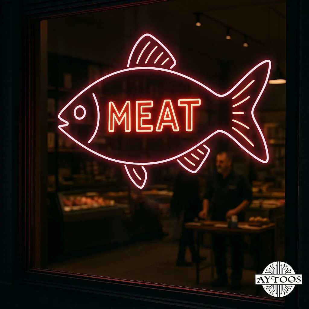 protein neon 3 تابلو نئونی پروتئین طرح ماهی با نوشته MEAT مناسب فروشگاه پروتئینی