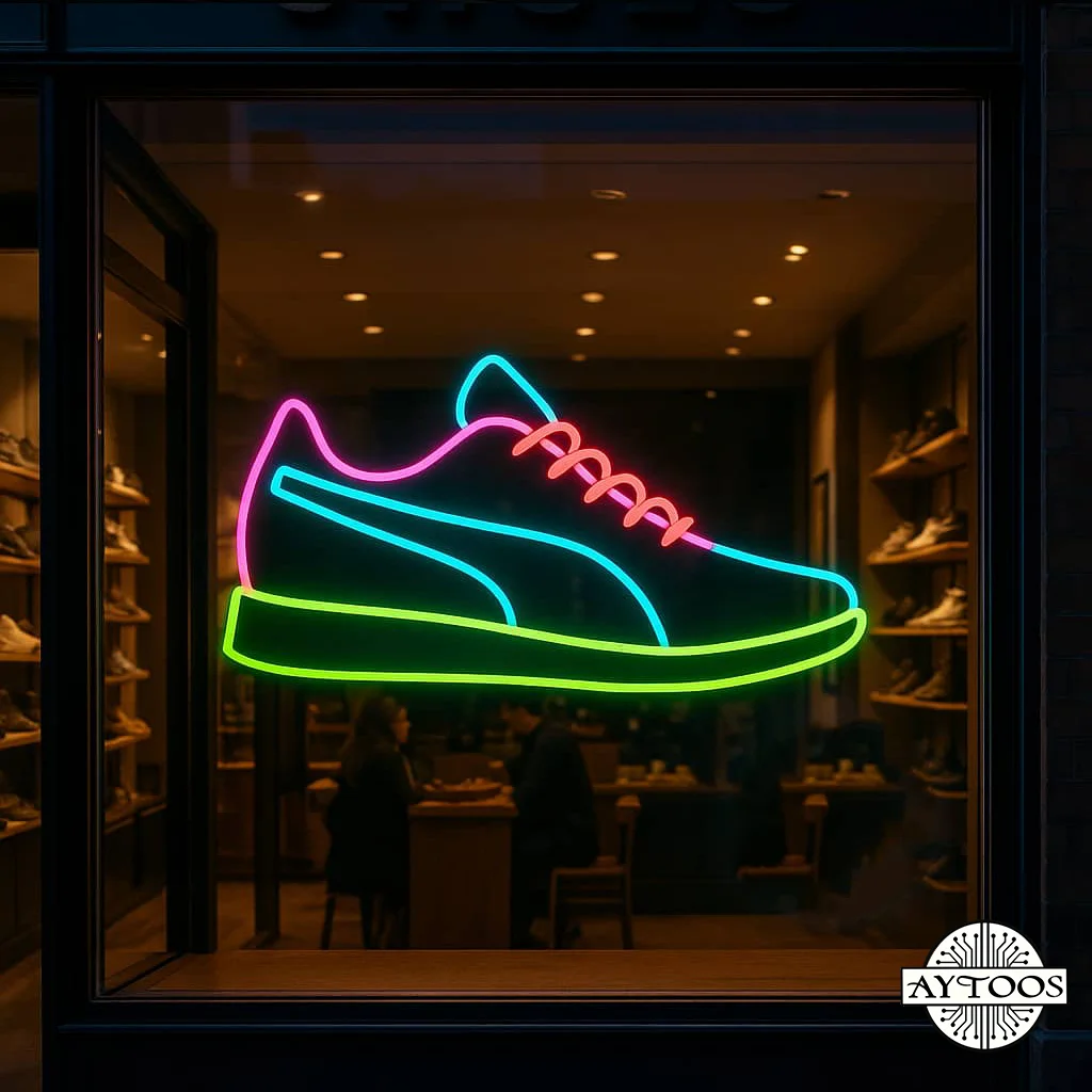 shoes neon 8 تابلو نئونی کفش فروشی طرح کتانی اسپرت با نوار جانبی و بندهای رنگی برای بخش رانینگ فروشگاه