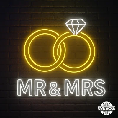 تابلو نئونی عروسی طرح حلقه ازدواج MR & MRS