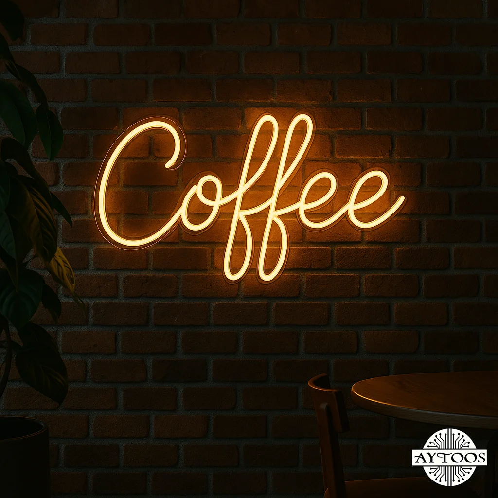 تابلو نئون فلکسی با طراحی کلمه Coffee در فضای داخلی کافه