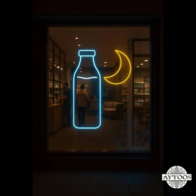 قیمت تابلو نئون طرح بطری شیر و هلال ماه با نئون فلکسی روی شیشه فروشگاه