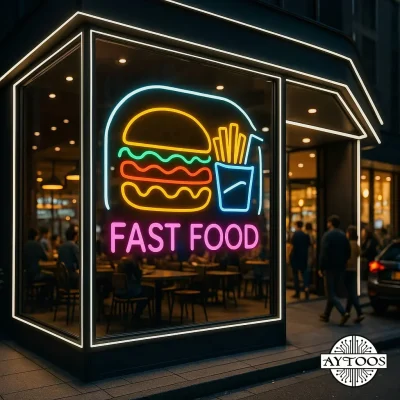 تابلو نئونی فست فود طرح همبرگر با نوشته FAST FOOD