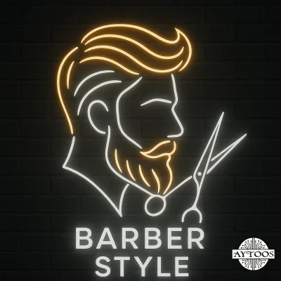 تابلو نئون آرایشگاه مردانه طرح Barber Style با چهره مرد و قیچی آرایشگری