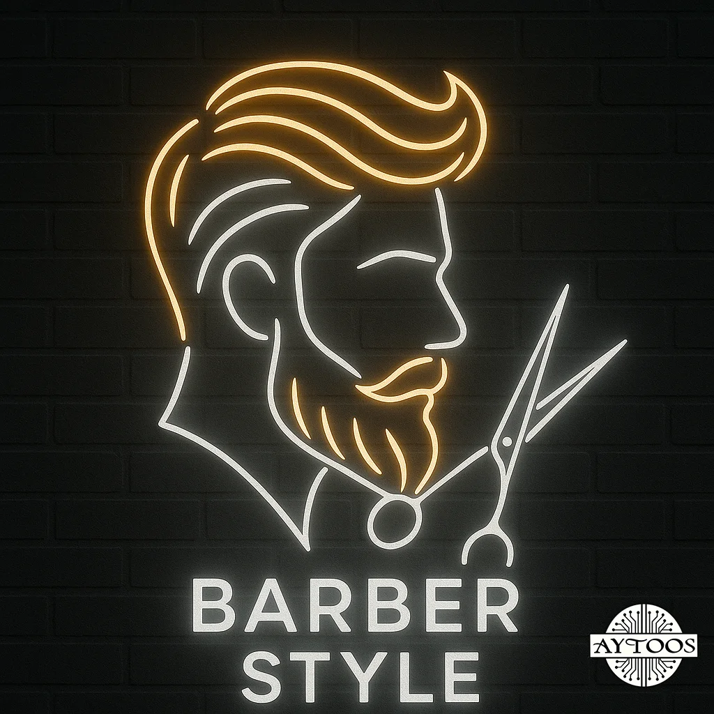 hair salon 1 تابلو نئون آرایشگاه مردانه طرح Barber Style با چهره مرد و قیچی آرایشگری