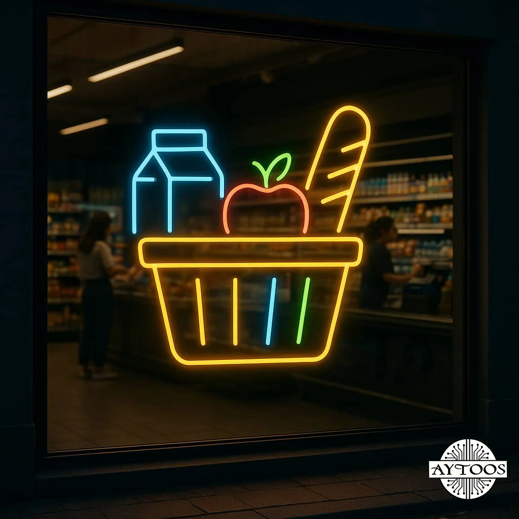 supermarket neon 7 تابلو نئونی سوپرمارکت طرح سبد خرید نان و نوشیدنی