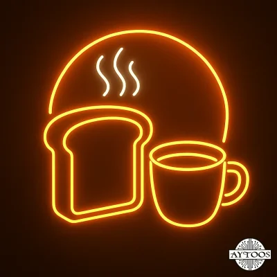 تابلو نئون طرح نان تازه و فنجان قهوه با نور نارنجی مناسب قنادی و بیکری.