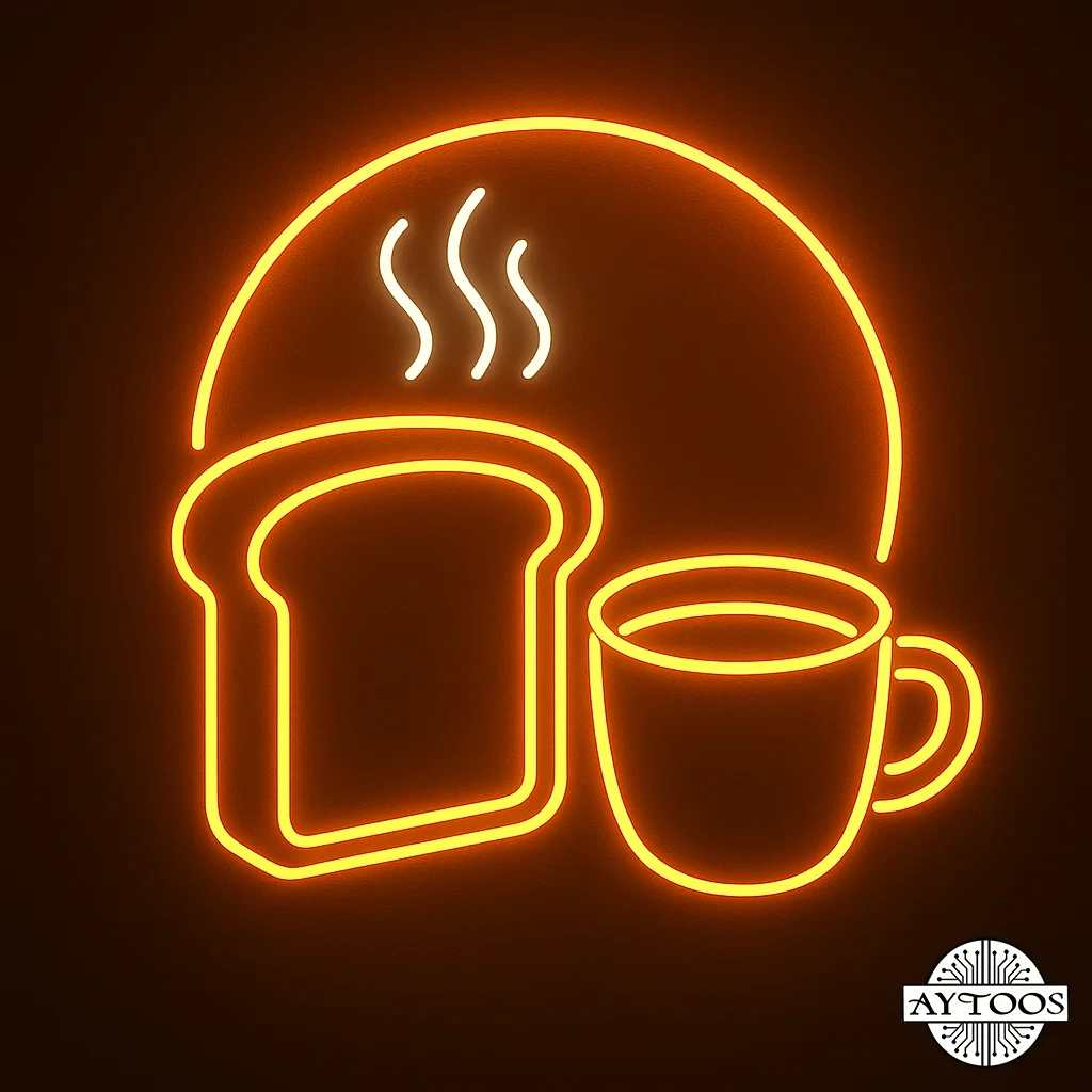 bakery neon 3 تابلو نئون طرح نان تازه و فنجان قهوه با نور نارنجی مناسب قنادی و بیکری.