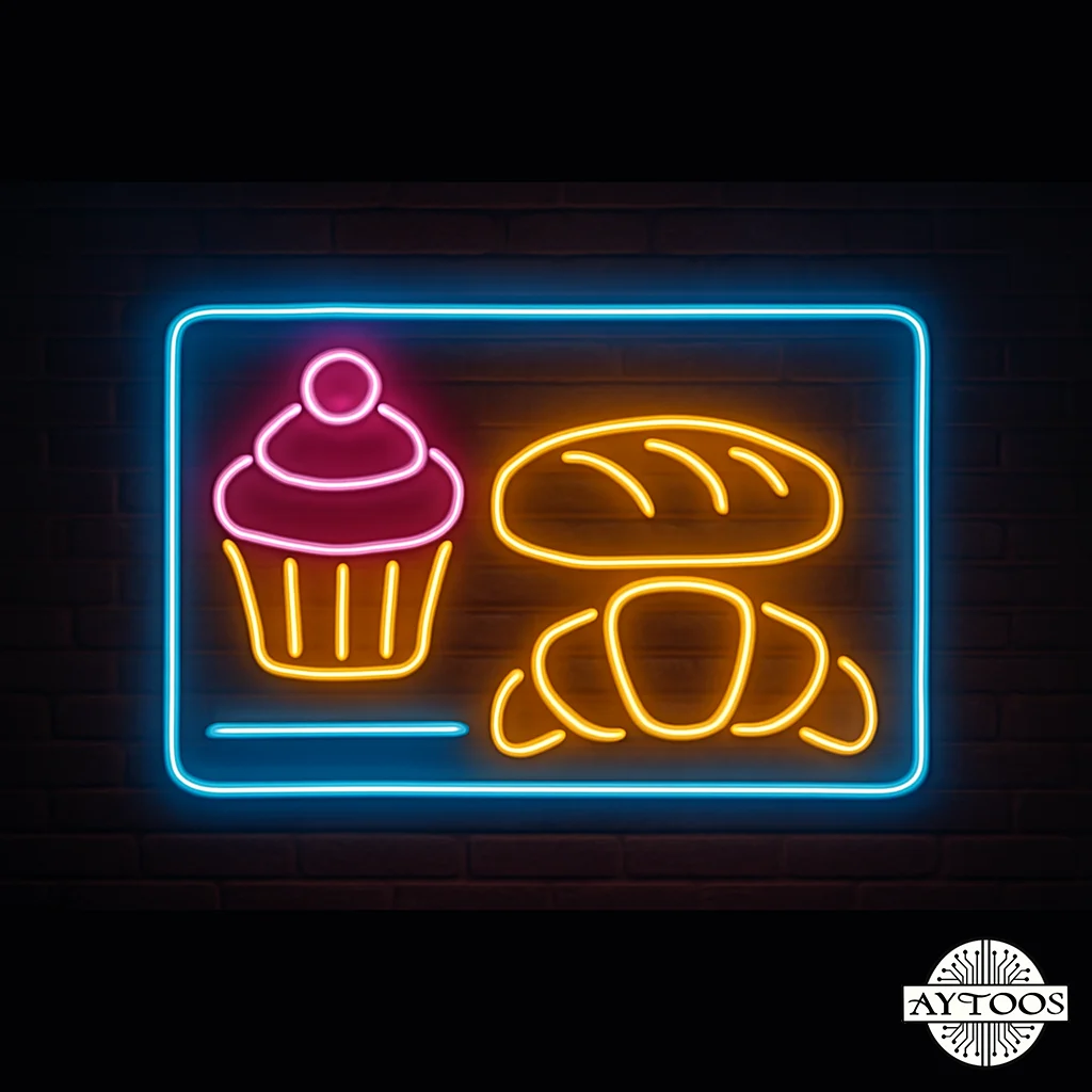 bakery neon 5 تابلو نئونی کاپکیک، نان و کروسان با نور چندرنگ مناسب فروشگاههای نان و شیرینی.