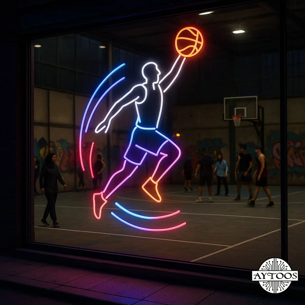 basketball neon 2 تابلو نئونی بازیکن بسکتبال در حال اسلمدانک مناسب برای دکور ورزشی.
