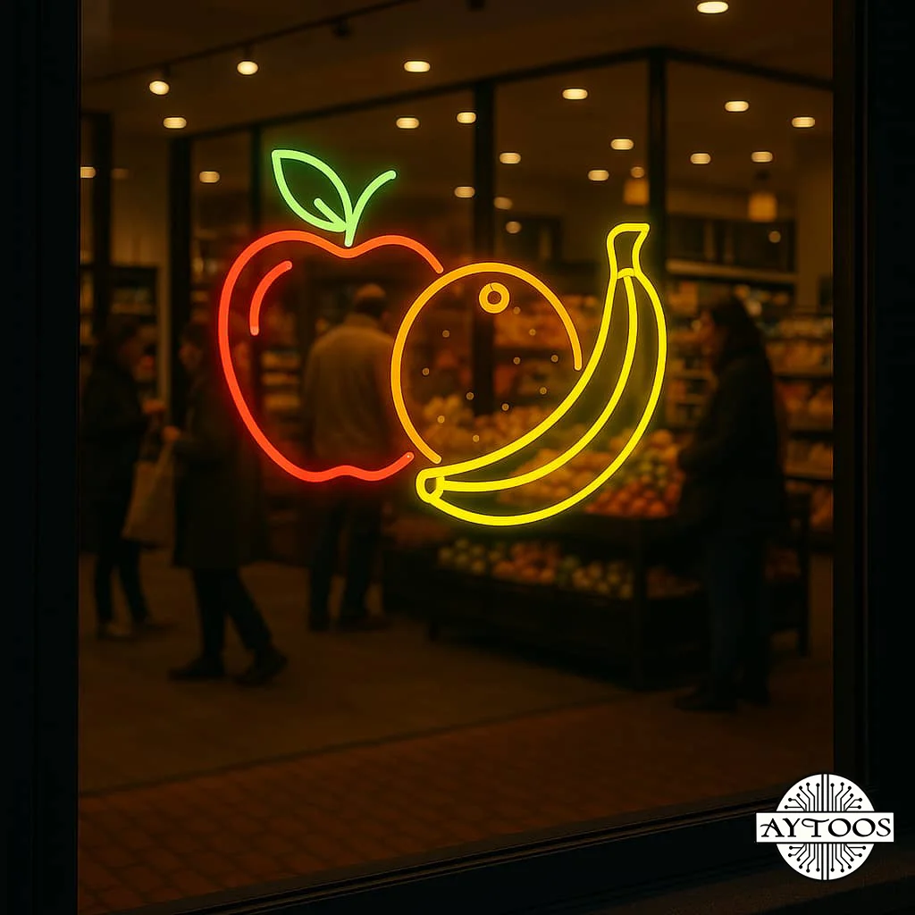 fruit shop neon 3 تابلو نئونی هایپر میوه طرح سیب و موز و پرتقال ساختهشده با نئون فلکسی.