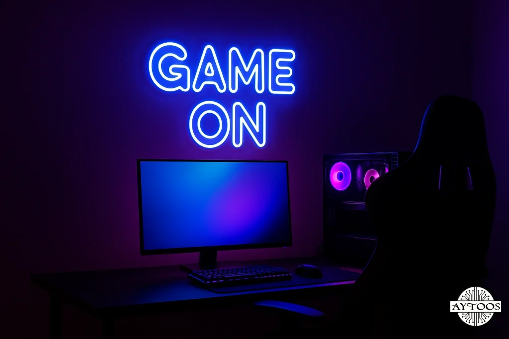 تابلو نئونی Game On در گیمروم با نورپردازی آبی