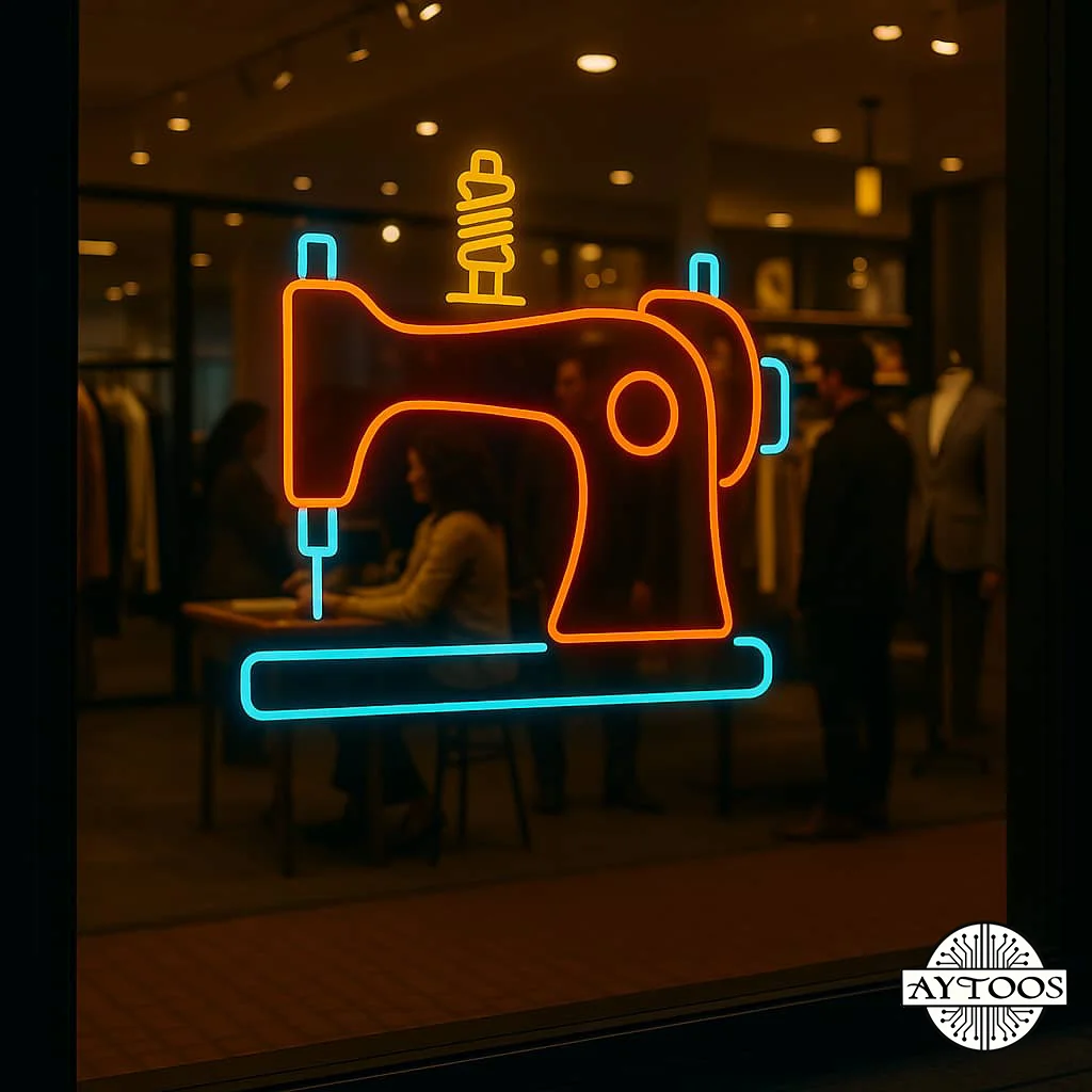 khayati neon 1 تابلو نئونی طرح چرخ خیاطی کلاسیک ساختهشده با نئون فلکسی انعطافپذیر.
