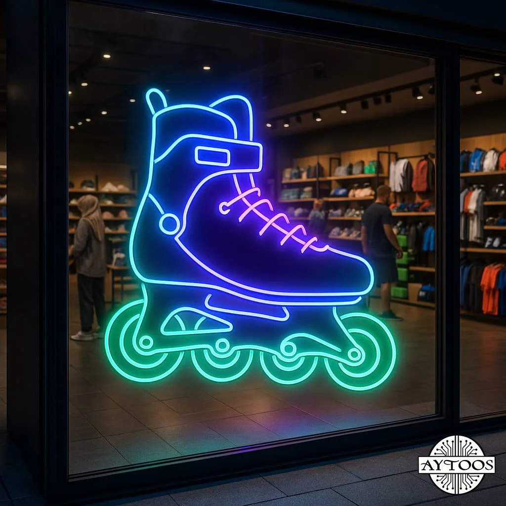 skate neon تابلو نئون اسکیت رولر با خطوط نورانی آبی و سبز روی پسزمینه فروشگاه ورزشی.